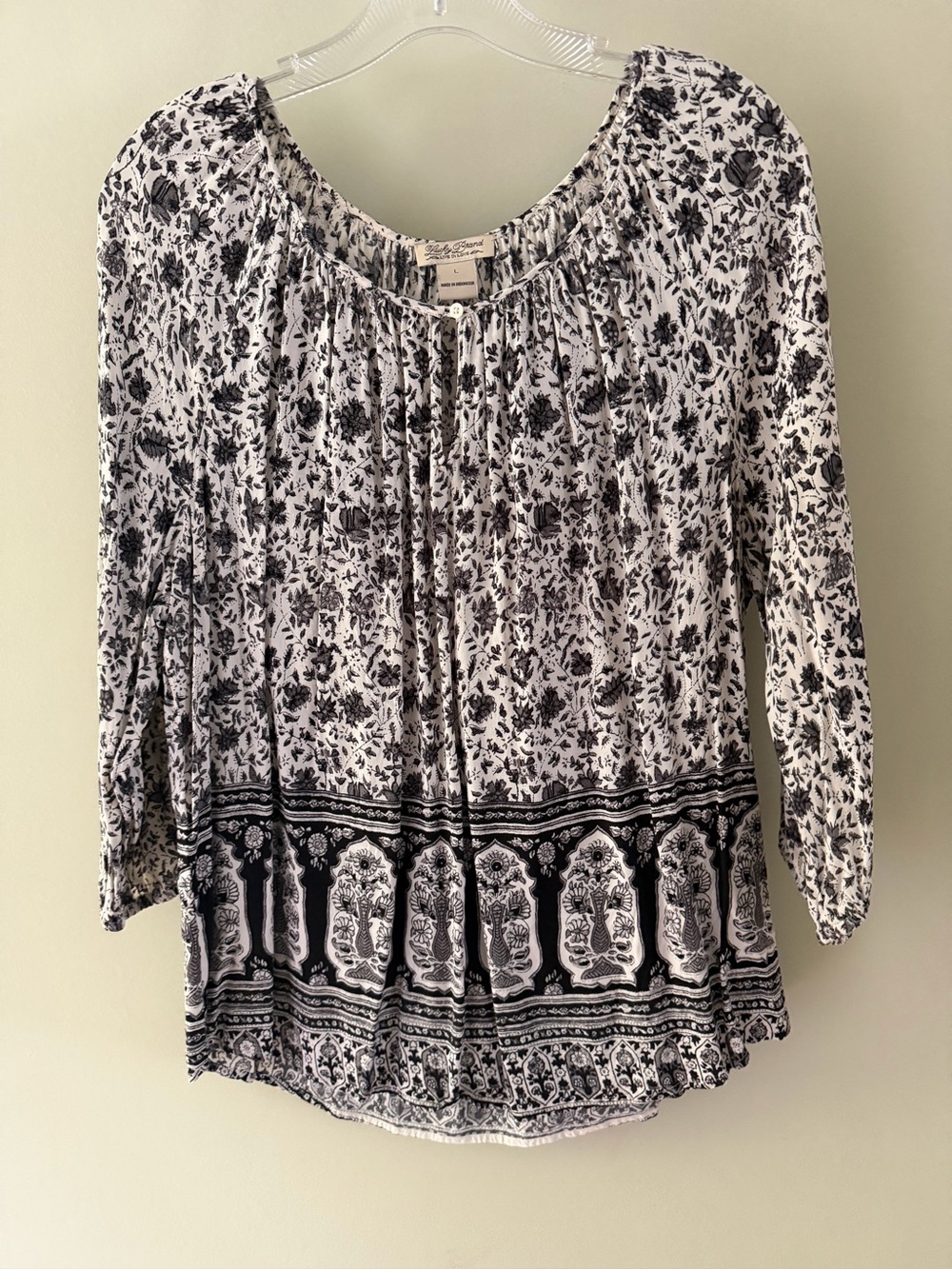 Lucky Brand Floral Bohemian Blouse Top - Black & White L